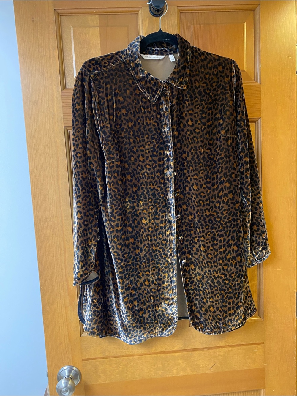 Soft Surroundings Brown Leopard Velvet Button-Down Shirt